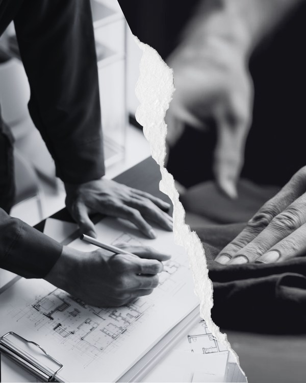 Black and white photo collage for Nick: hands working over architectural drawings