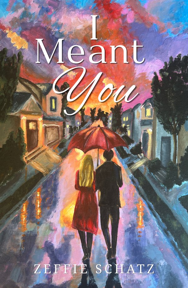 Cover of I Meant You: a couple walking under a coral umbrella down a rain-slick street at sunset