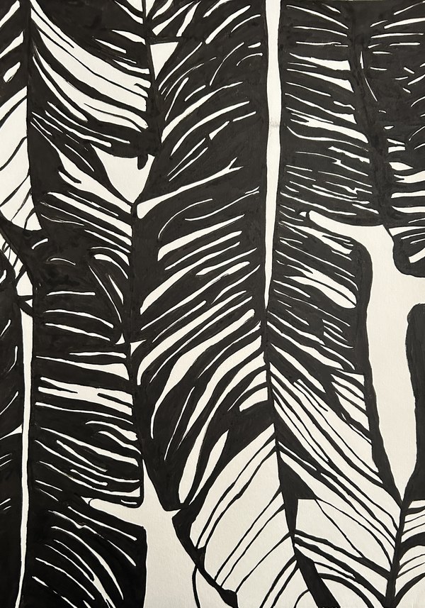 Bold black and white ink painting of banana leaves