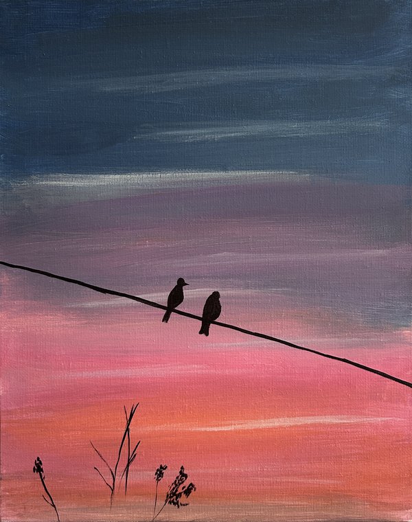 Two birds perched on a wire against a pink and blue sunset