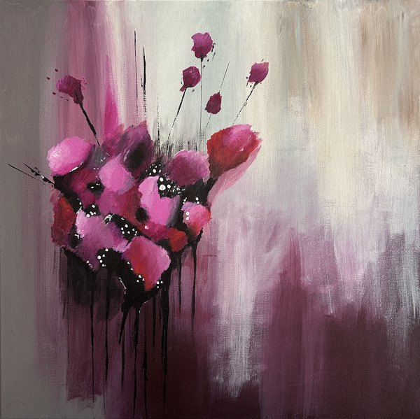 Abstract painting of magenta poppies against a soft grey and white ground