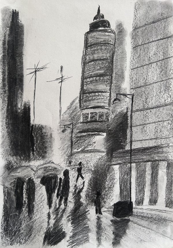 Charcoal drawing of a rainy city street with figures under umbrellas