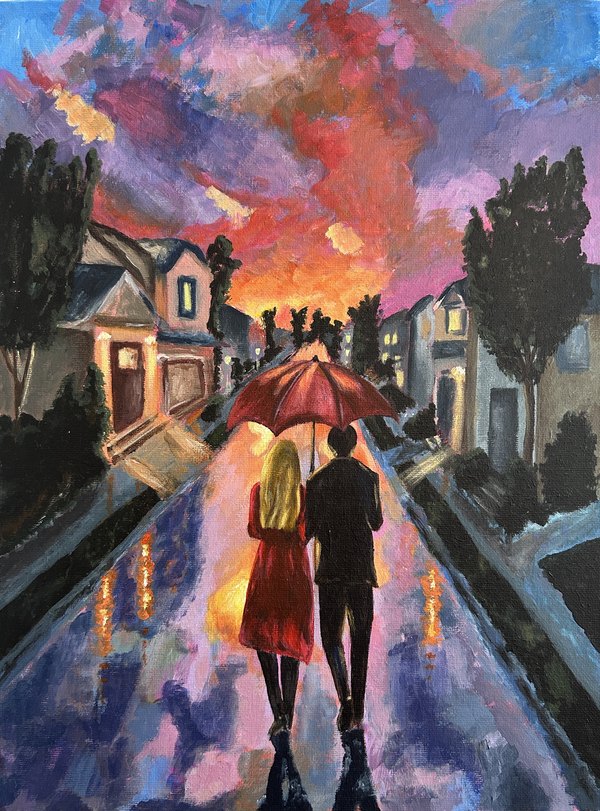 Painting of a couple under a red umbrella on a rain-slick street at sunset