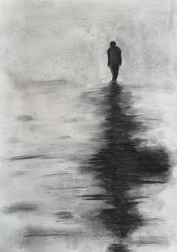 Charcoal drawing of a lone figure on a wet shoreline with a long reflection
