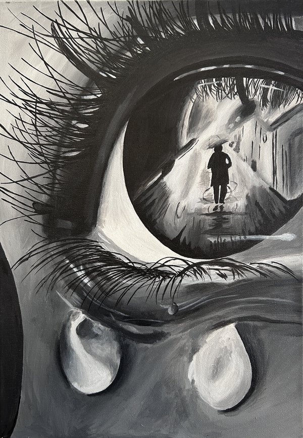 Monochrome painting of a large eye with a tear, a lone figure walking within the iris
