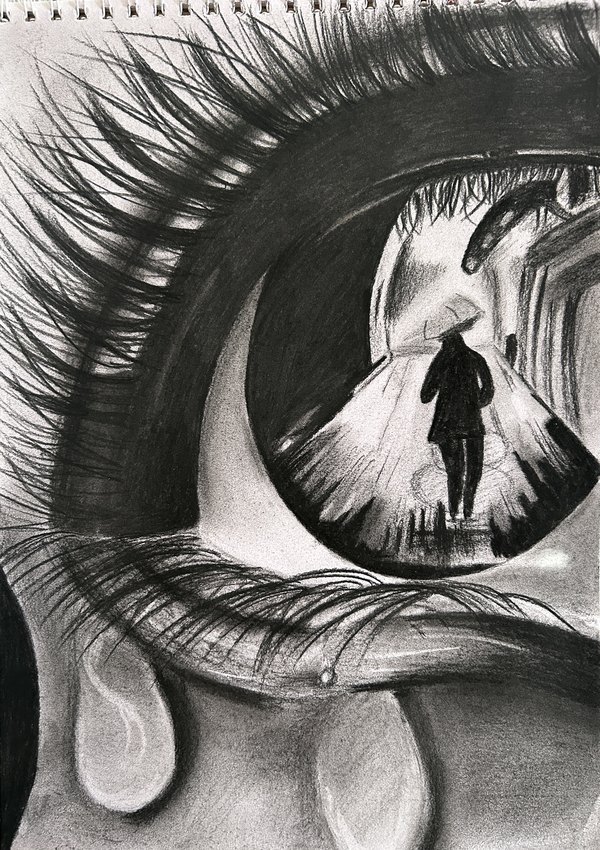 Charcoal study of an eye with tears, a figure walking within the iris